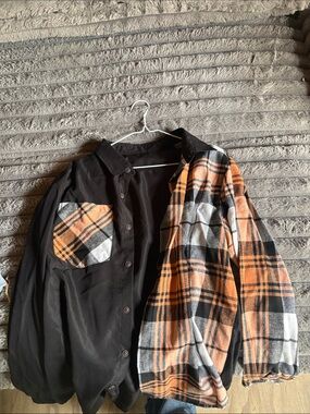 SHEIN Black Shirt Jacket with Orange and Gray Plaid Panels